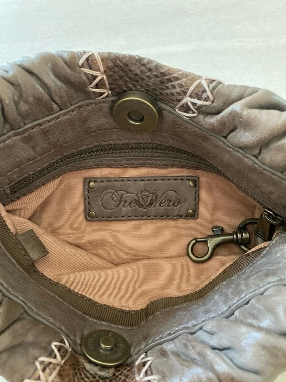 TRE VERO Vintage Genuine Leather & Snakeskin Slouchy Hobo Bag - Brown/Tan